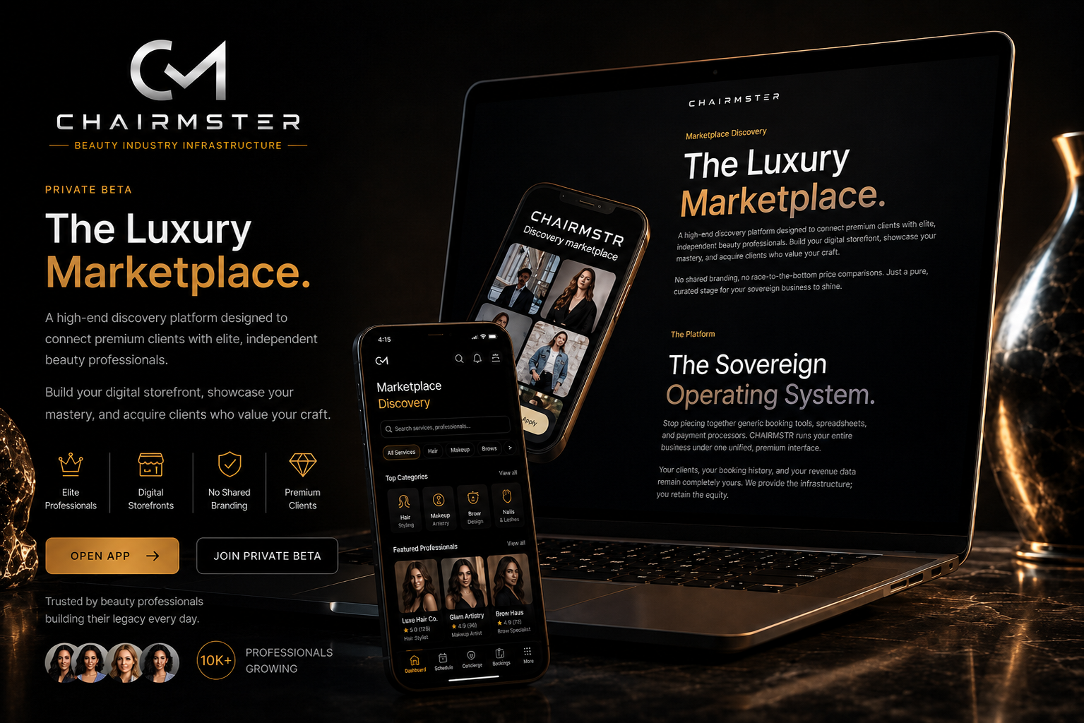 Chairmster marketplace shown across laptop and mobile devices in a premium dark product mockup