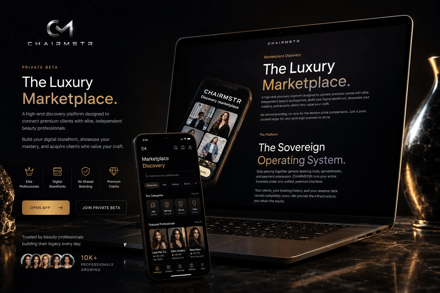 CHAIRMSTER marketplace on laptop and mobile in a private beta product mockup