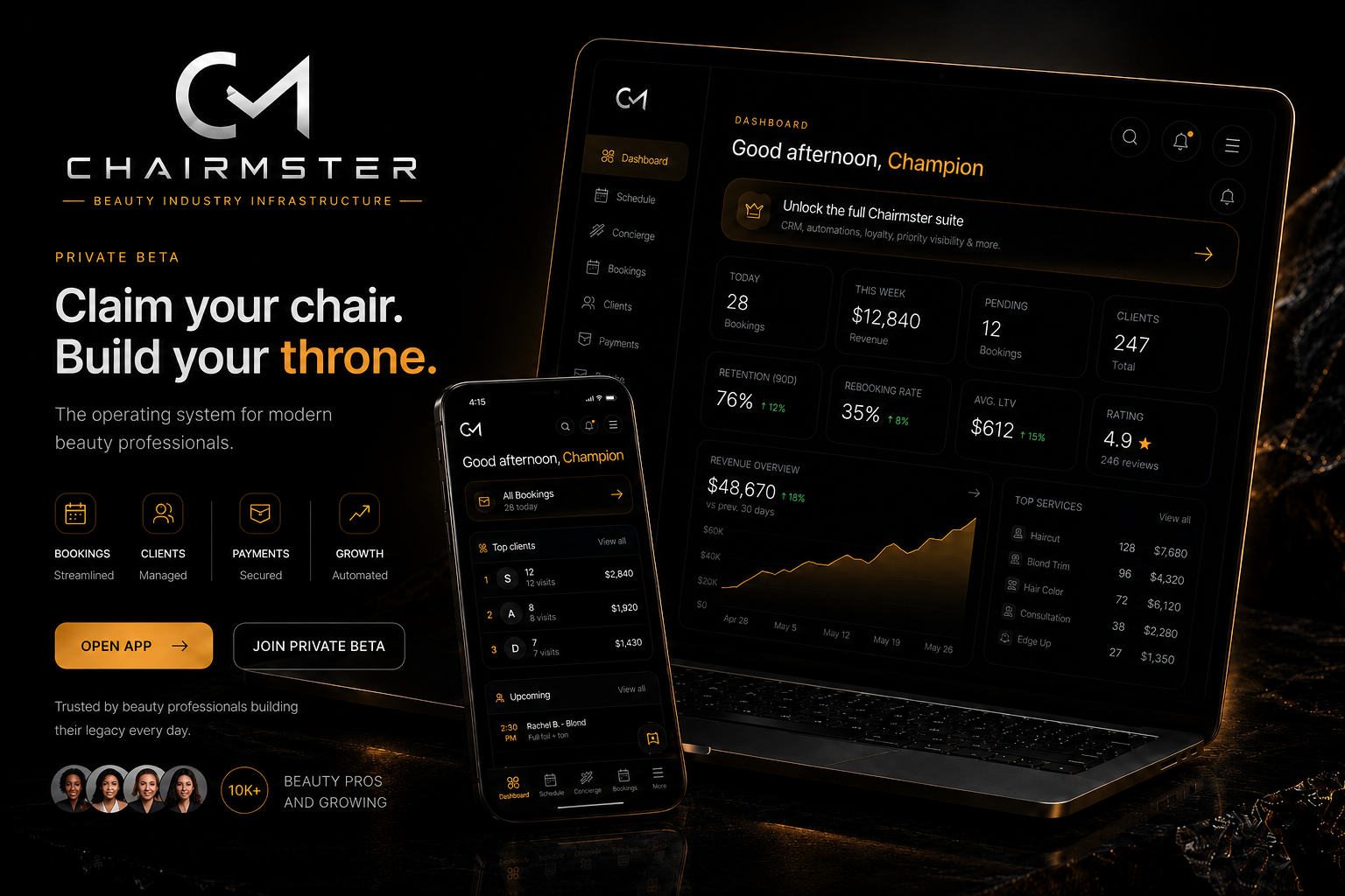 Chairmster dashboard shown across laptop and mobile devices in a premium dark product mockup